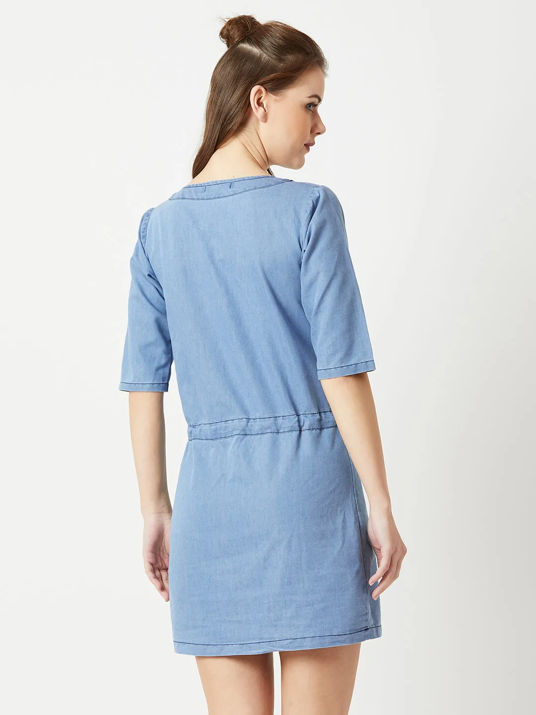 Women's Light Blue Polo Neck 3/4 Sleeve Denim Solid Midi Shift Dress