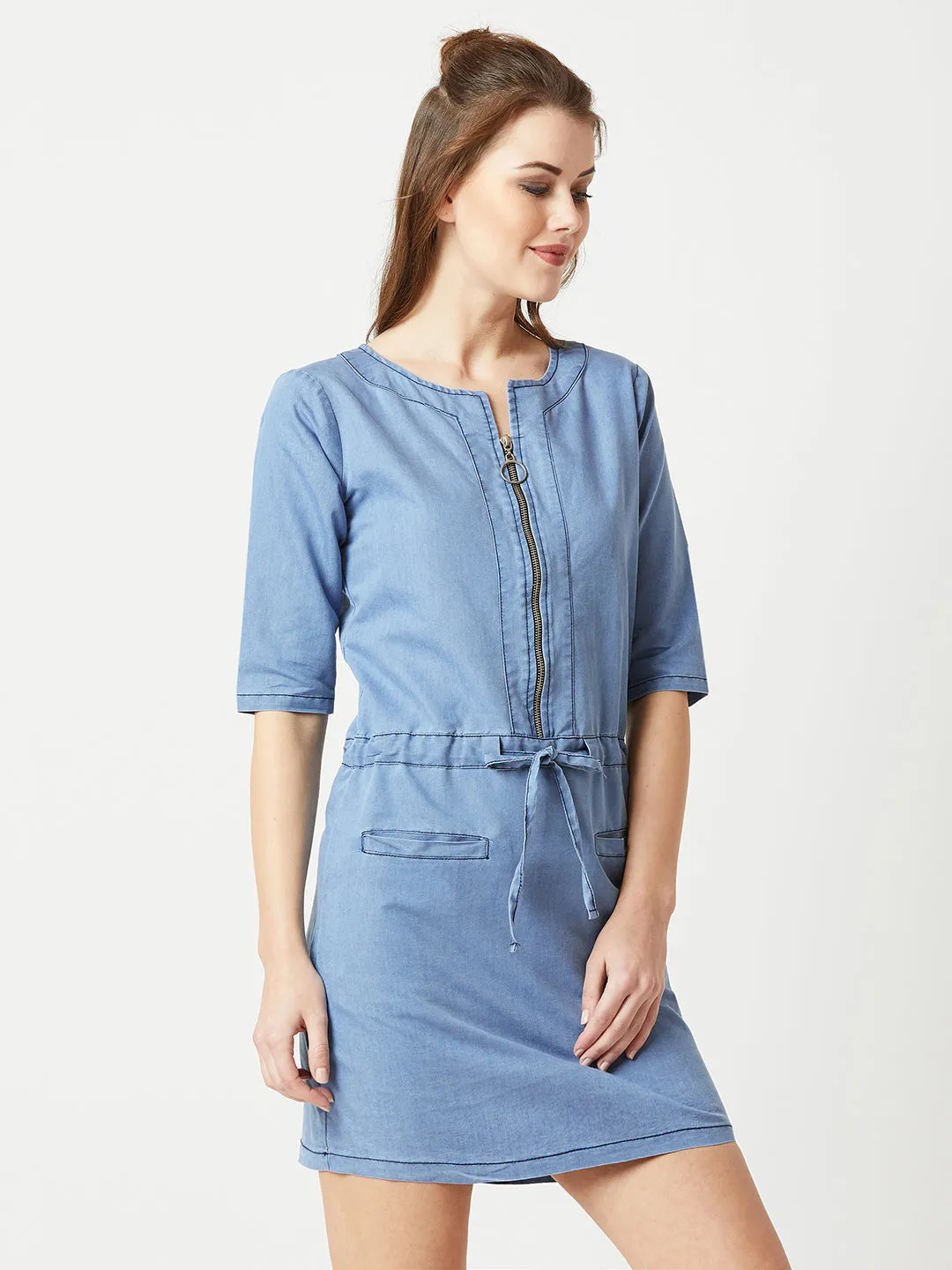 Women's Light Blue Polo Neck 3/4 Sleeve Denim Solid Midi Shift Dress