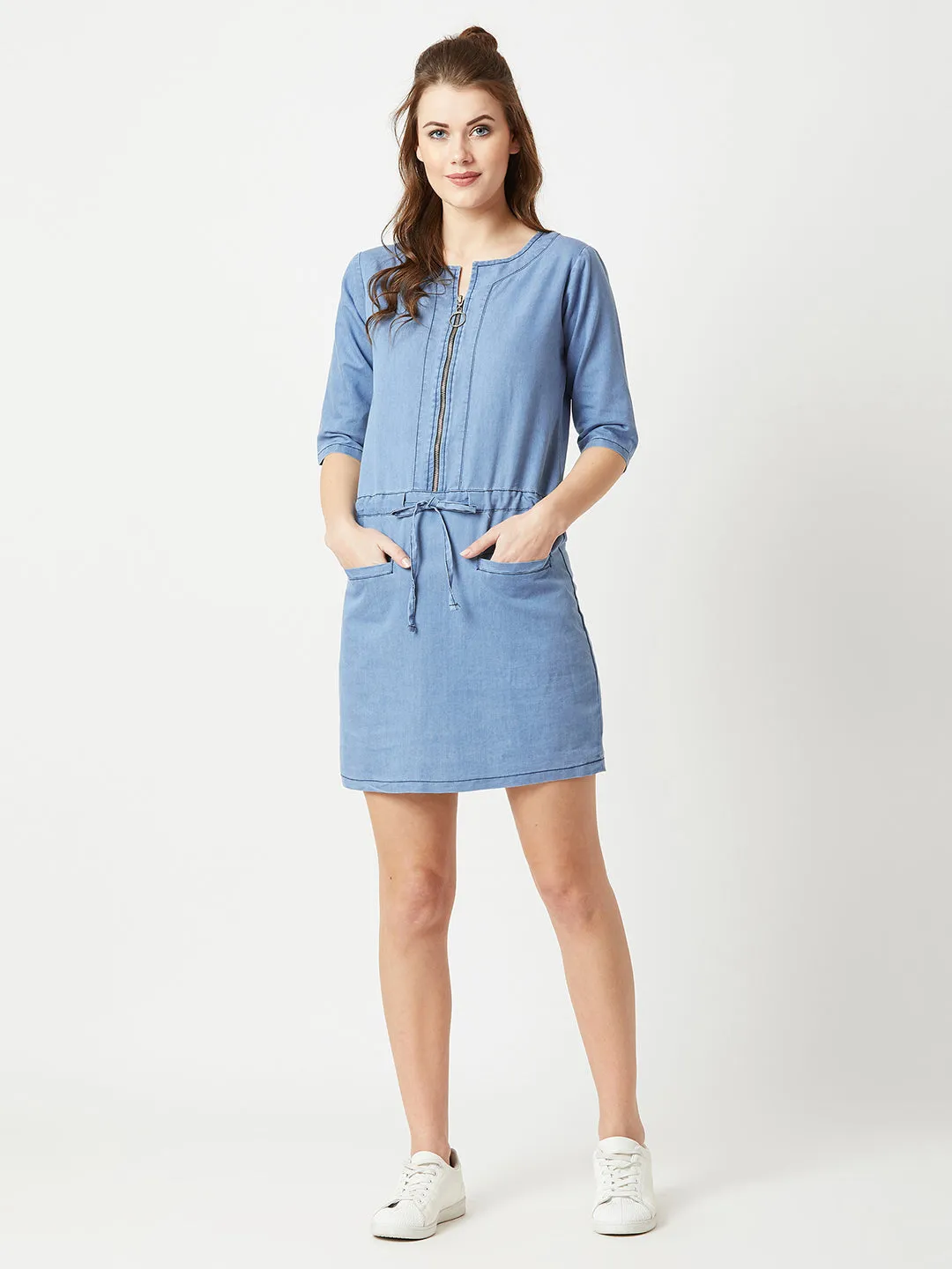 Women's Light Blue Polo Neck 3/4 Sleeve Denim Solid Midi Shift Dress