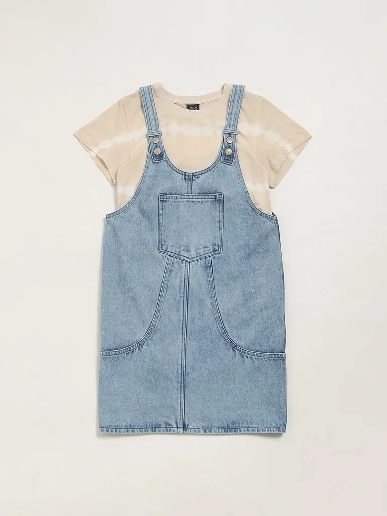 Y&F Kids Denim Blue Straight Pinafore Dress with T-Shirt