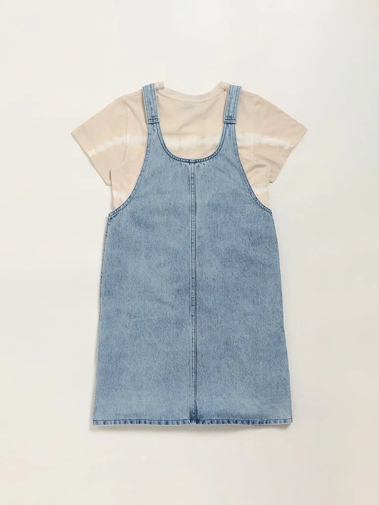 Y&F Kids Denim Blue Straight Pinafore Dress with T-Shirt